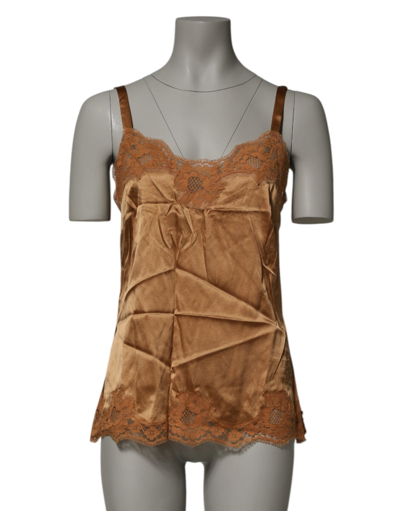 Dolce & Gabbana Brown Floral Lace Tank Lingerie Sleepwear