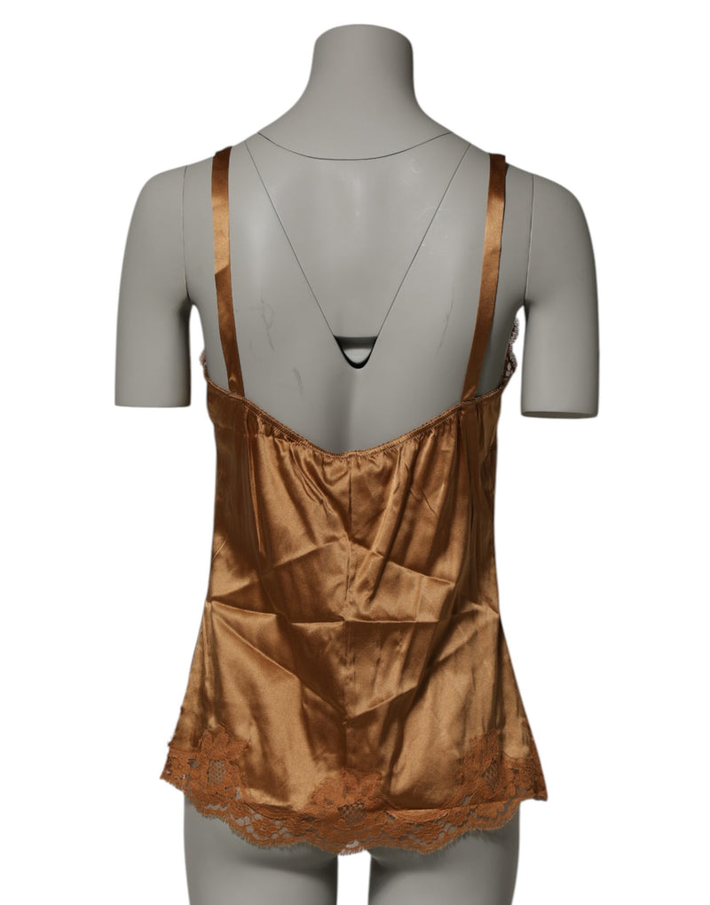 Dolce & Gabbana Brown Floral Lace Tank Lingerie Sleepwear