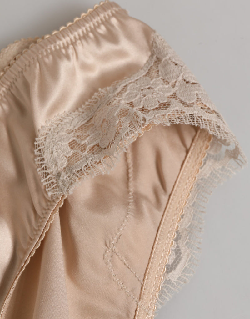 Dolce & Gabbana Beige Silk Satin Floral Lace Panty Briefs