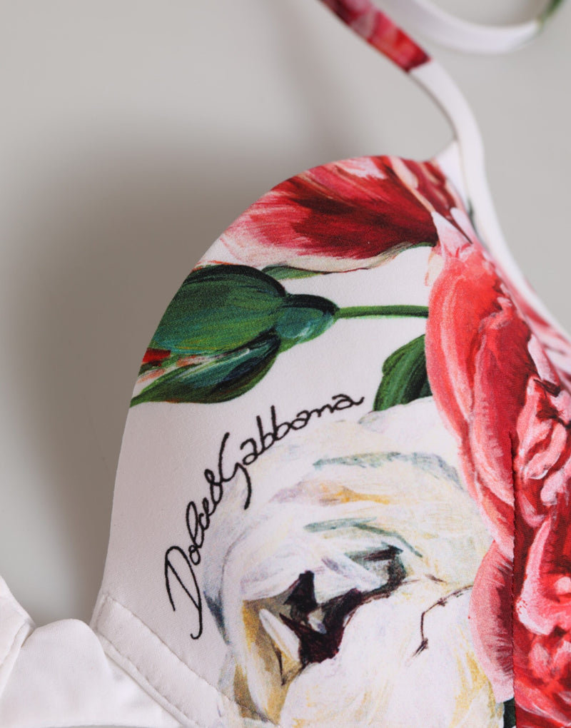 Dolce & Gabbana White Floral Print Halter Bikini Top