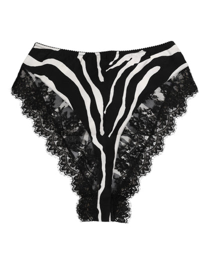 Dolce & Gabbana Black Silk Zebra Print Lace High Waist Underwear