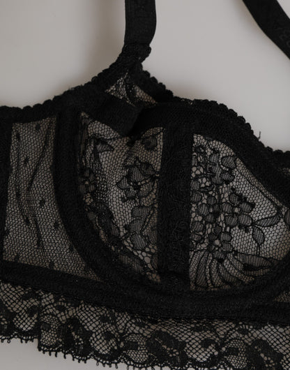 Soutien-gorge balconnet en dentelle de nylon noir à motifs floraux Dolce &amp; Gabbana