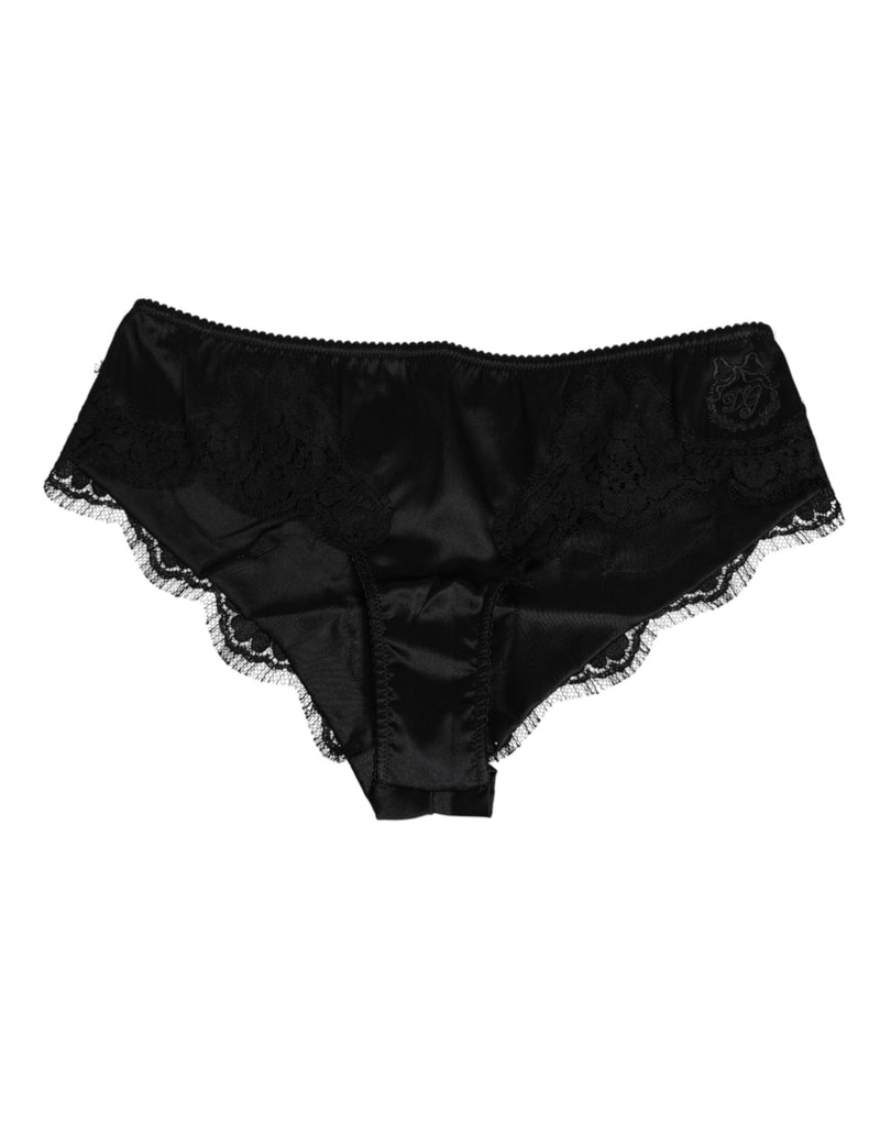 Dolce & Gabbana Black Silk Satin Floral Lace Panty Briefs