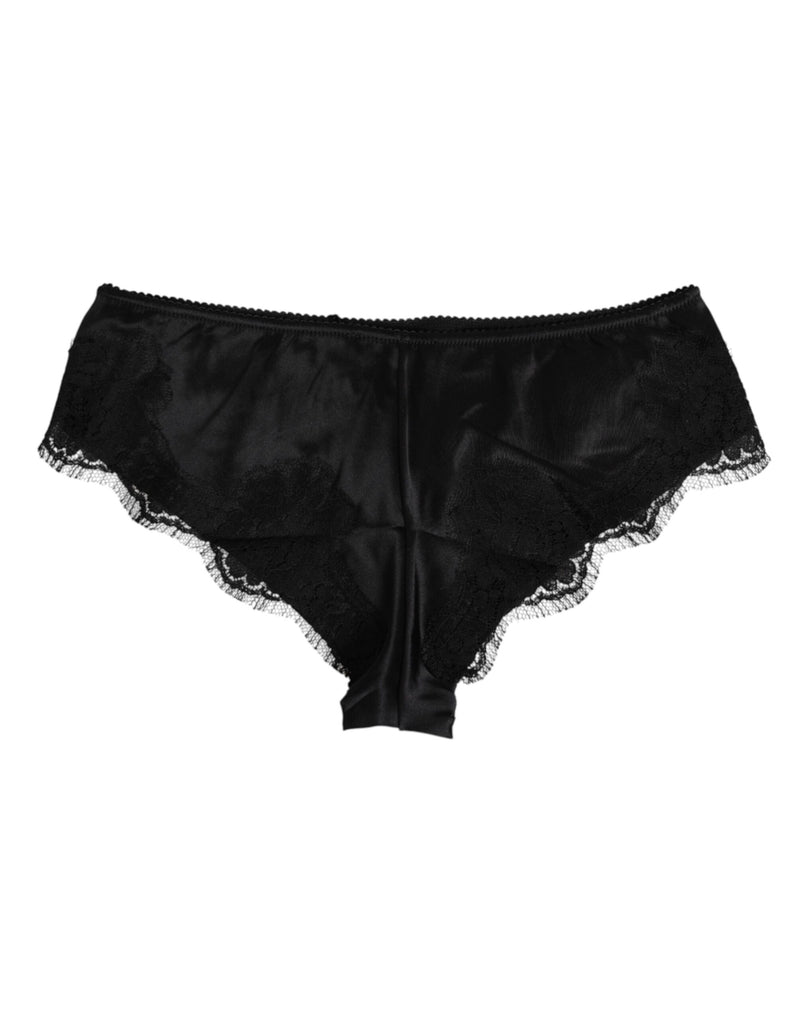 Dolce & Gabbana Black Silk Satin Floral Lace Panty Briefs