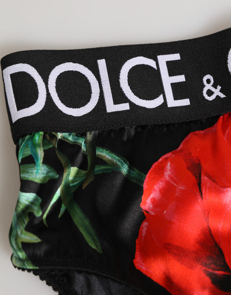 Dolce & Gabbana Black Floral Silk High Waist Panty Underwear