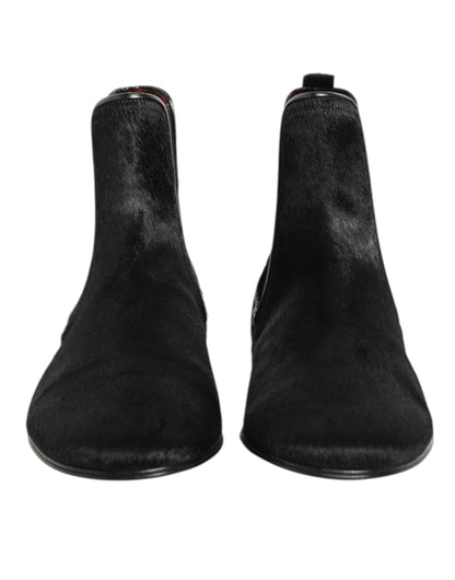 Dolce & Gabbana Black Leather Fur Men CHELSEA Boots Shoes