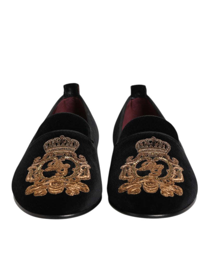 Dolce & Gabbana Black Velvet Gold Crown Men's Loafers