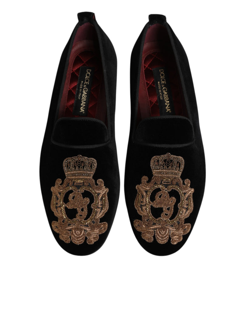 Dolce & Gabbana Black Velvet Gold Crown Men's Loafers