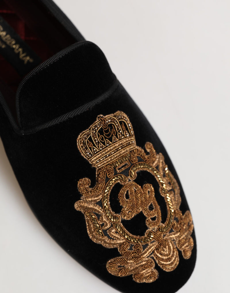Dolce & Gabbana Black Velvet Gold Crown Men's Loafers