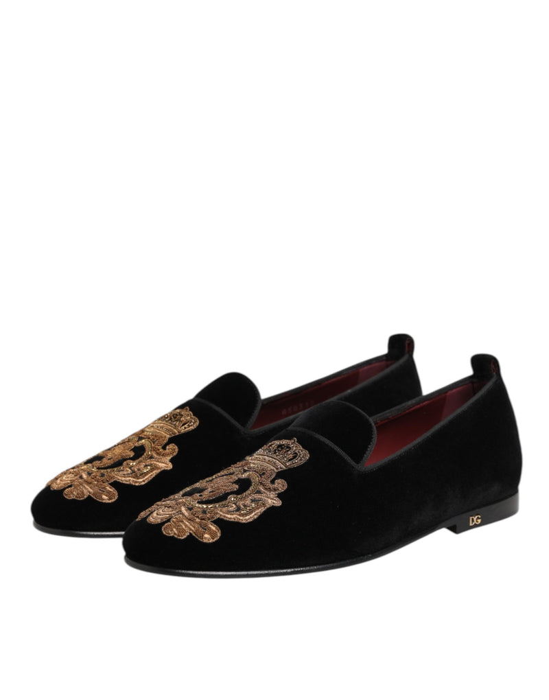 Dolce & Gabbana Black Velvet Gold Crown Men's Loafers