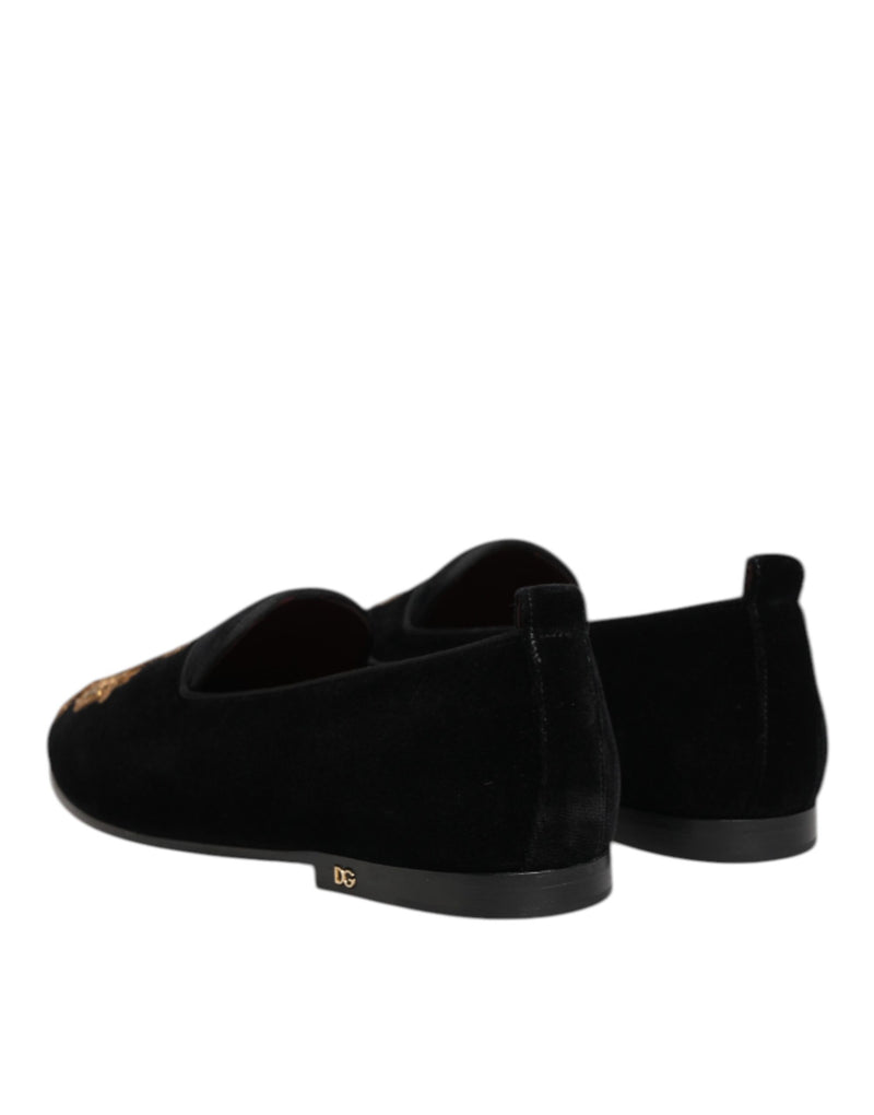 Dolce & Gabbana Black Velvet Gold Crown Men's Loafers