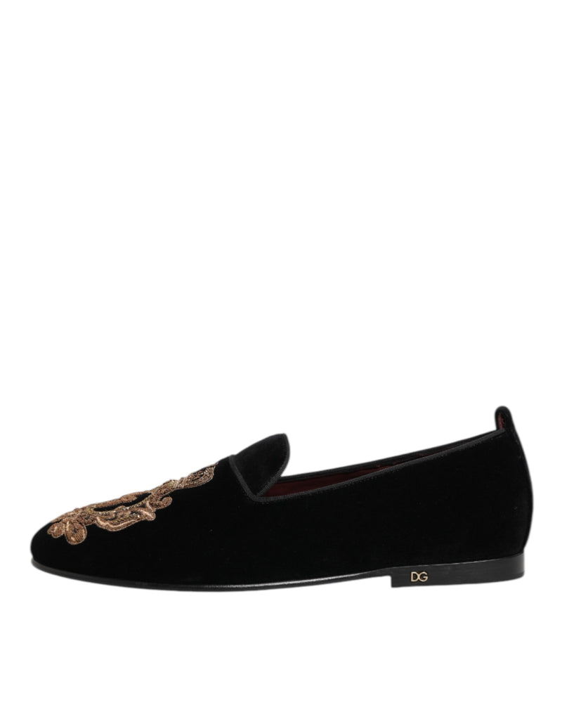 Dolce & Gabbana Black Velvet Gold Crown Men's Loafers