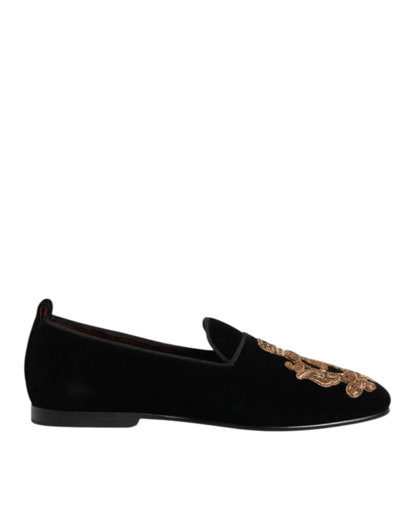 Dolce & Gabbana Black Velvet Gold Crown Men's Loafers