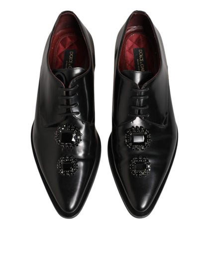 Dolce & Gabbana Black Leather Jeweled Crystals Derby Shoes