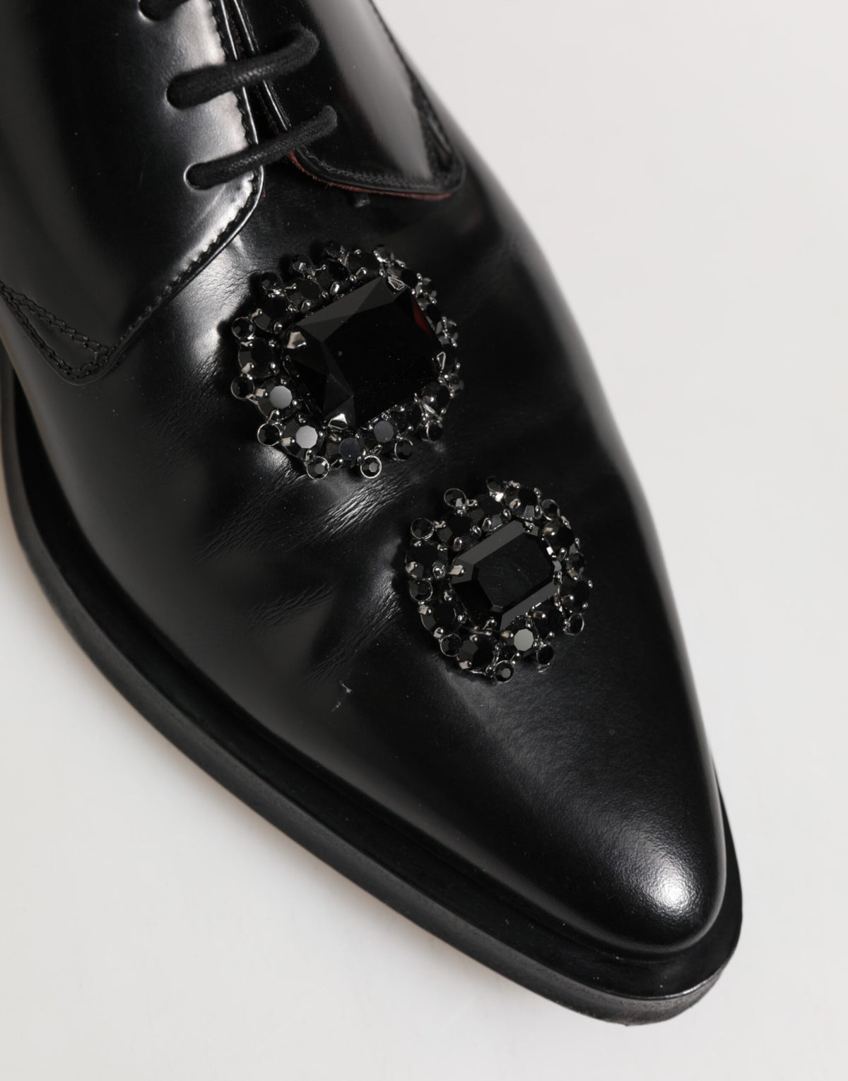 Dolce & Gabbana Derby Shoes en Cuir Noir avec Cristaux