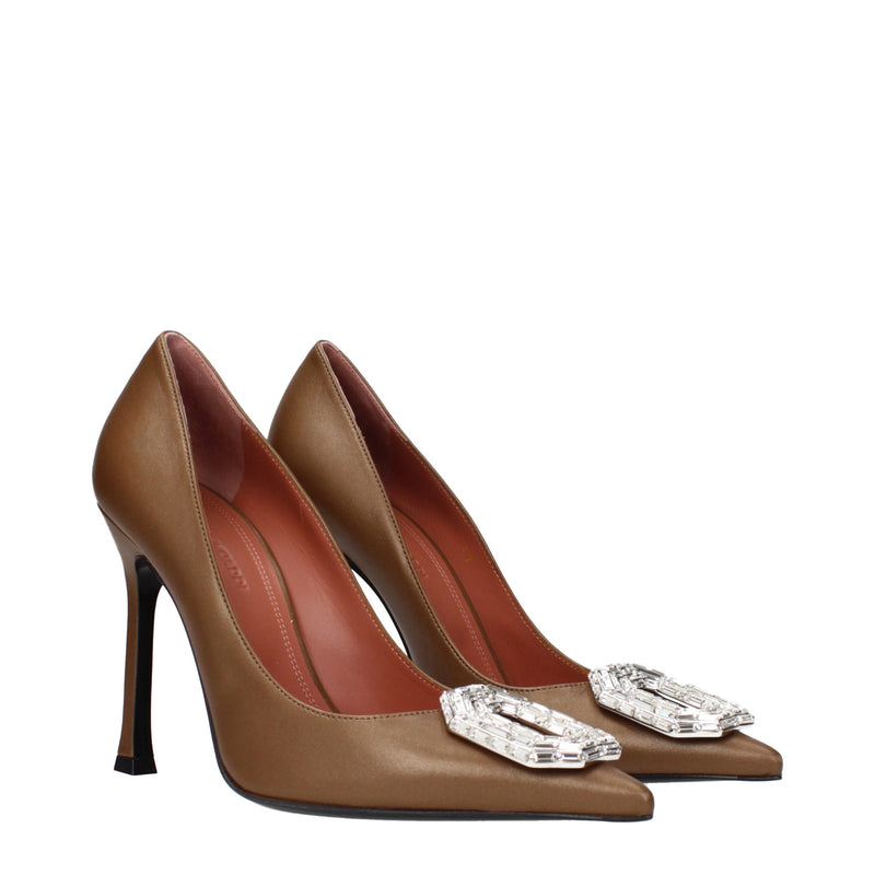 Amina Muaddi Brown Leather High Heel Pumps - Élégance et Confort