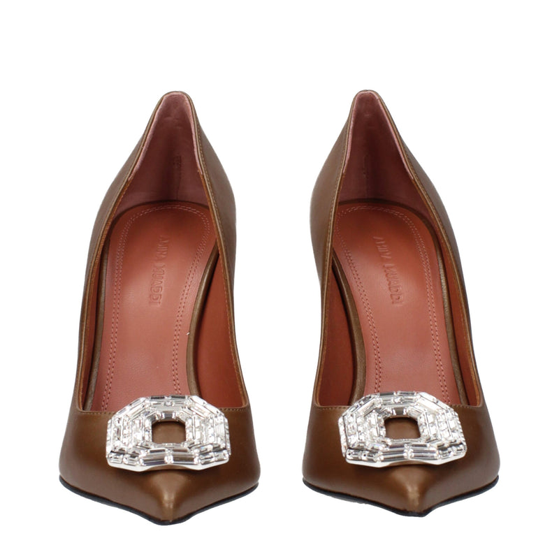 Amina Muaddi Brown Leather High Heel Pumps - Élégance et Confort