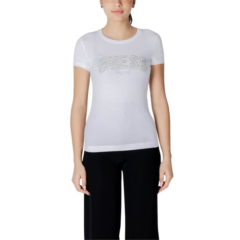 Guess CN SS LOGO LACE TEE - T-shirt Femme Blanc en Coton