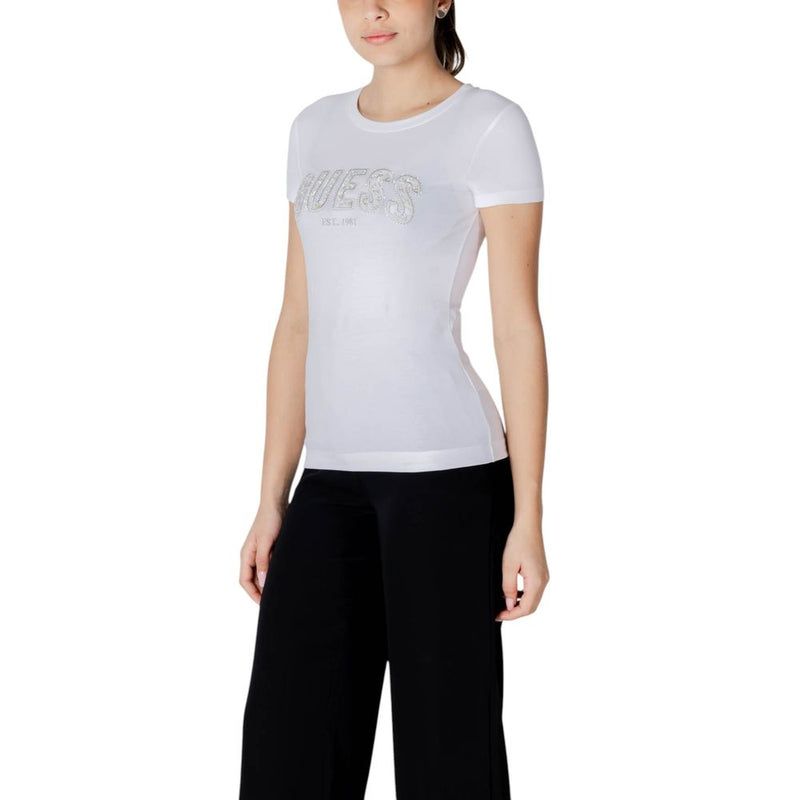 Guess CN SS LOGO LACE TEE - T-shirt Femme Blanc en Coton