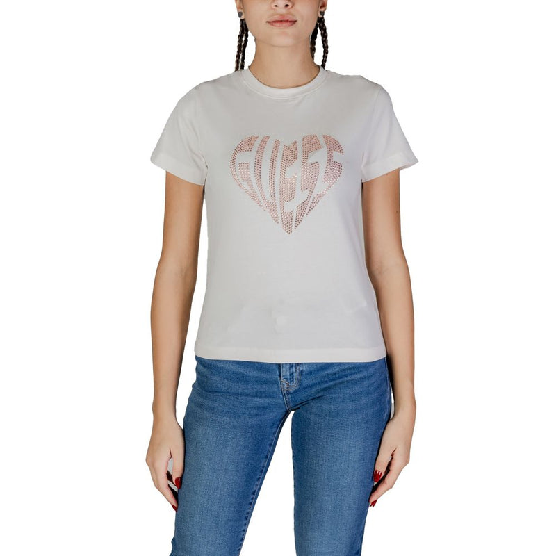Guess Active JULIA RHINESTONE T-Shirt en Coton Crème pour Femmes