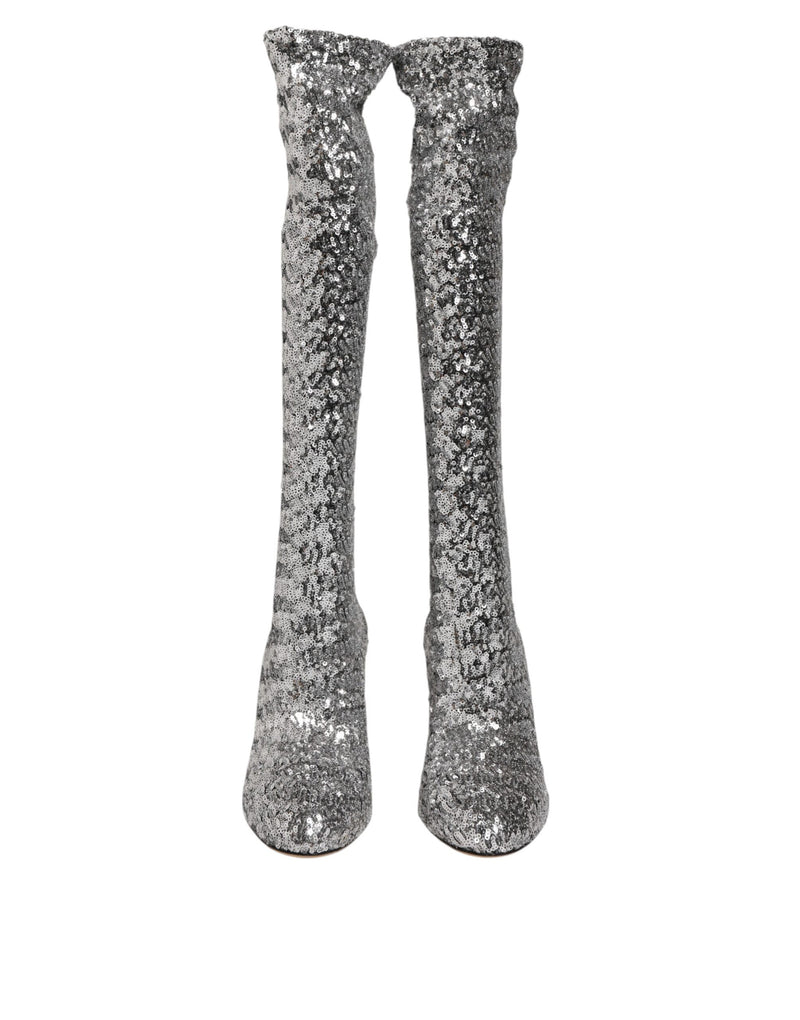 Dolce & Gabbana Silver Sequins Glitter High Heel Boots