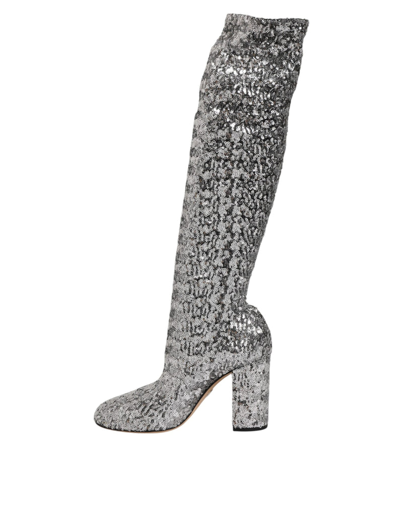 Dolce & Gabbana Silver Sequins Glitter High Heel Boots