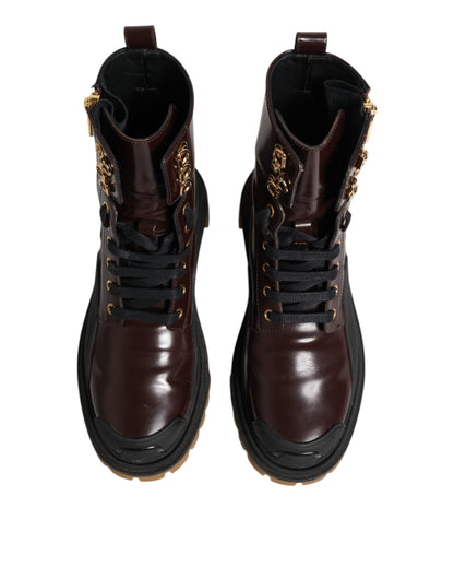 Dolce & Gabbana Maroon Leather Mid Calf Biker Boots Shoes
