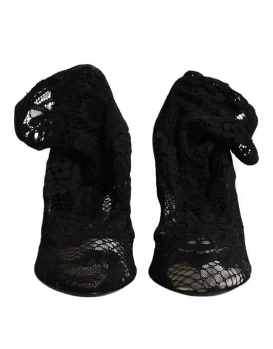 Dolce & Gabbana Black Lace Stretch Heels Mid Calf Boots