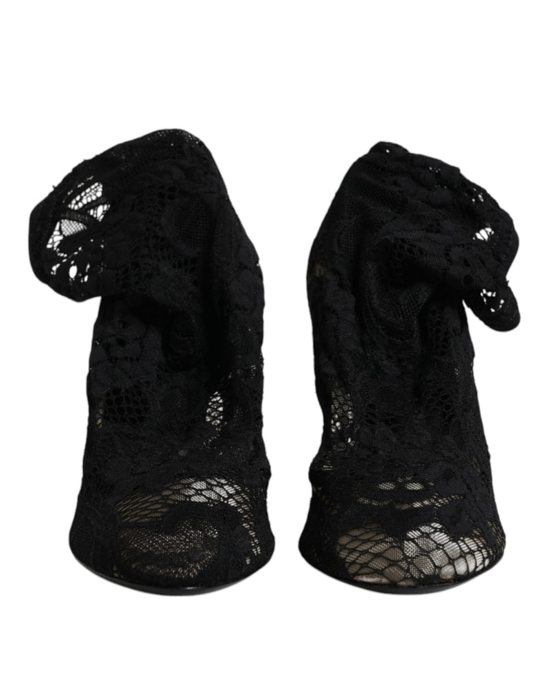Dolce & Gabbana Black Lace Stretch Heels Mid Calf Boots