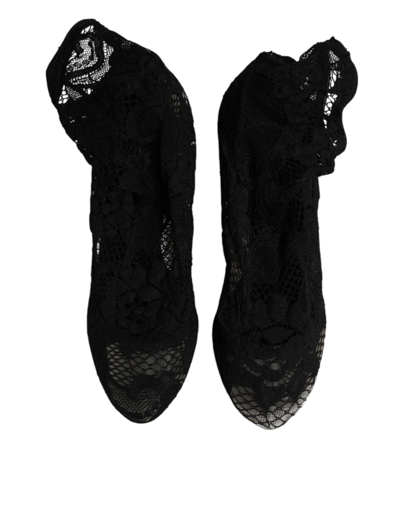 Dolce & Gabbana Black Lace Stretch Heels Mid Calf Boots