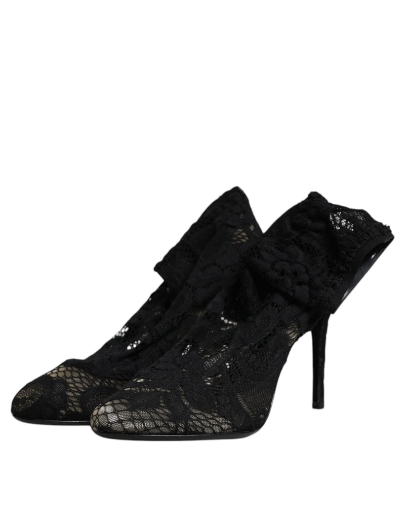 Dolce & Gabbana Black Lace Stretch Heels Mid Calf Boots