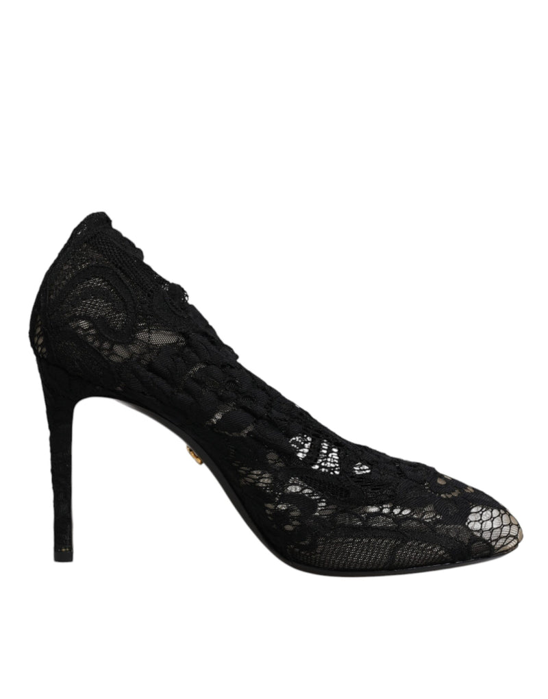 Dolce & Gabbana Black Lace Stretch Heels Mid Calf Boots