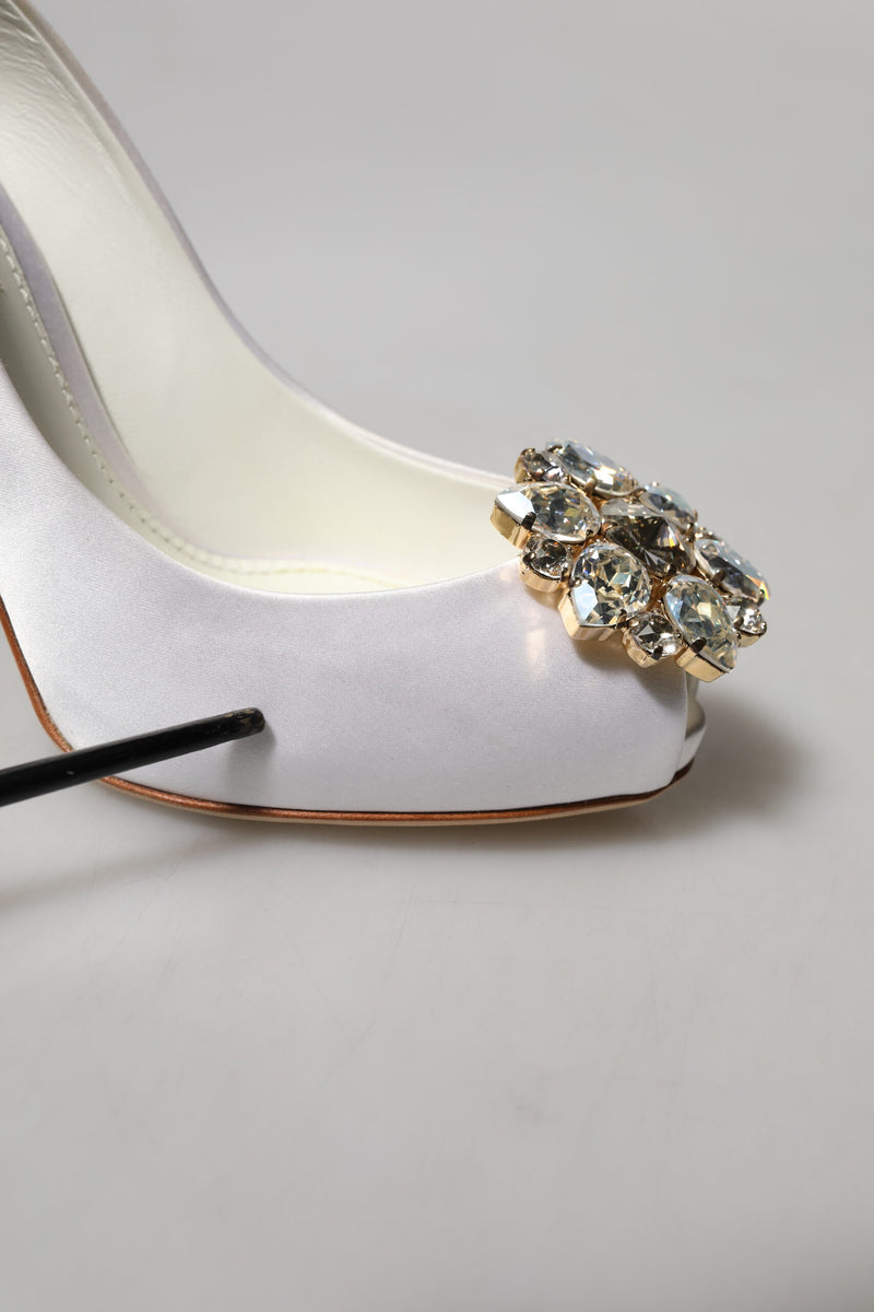 Dolce & Gabbana White Crystals Peep Toe Satin Pumps