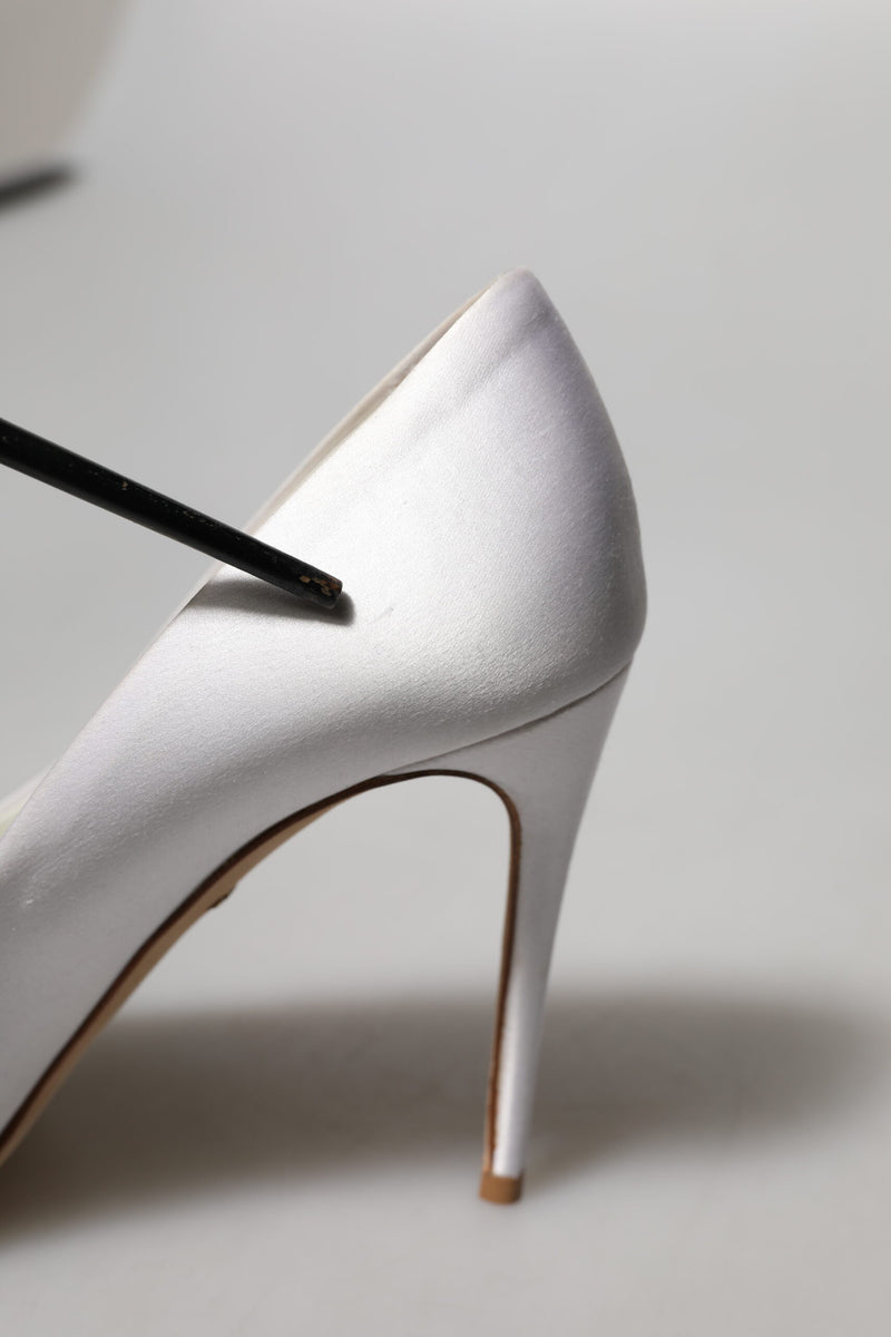 Dolce & Gabbana White Crystals Peep Toe Satin Pumps