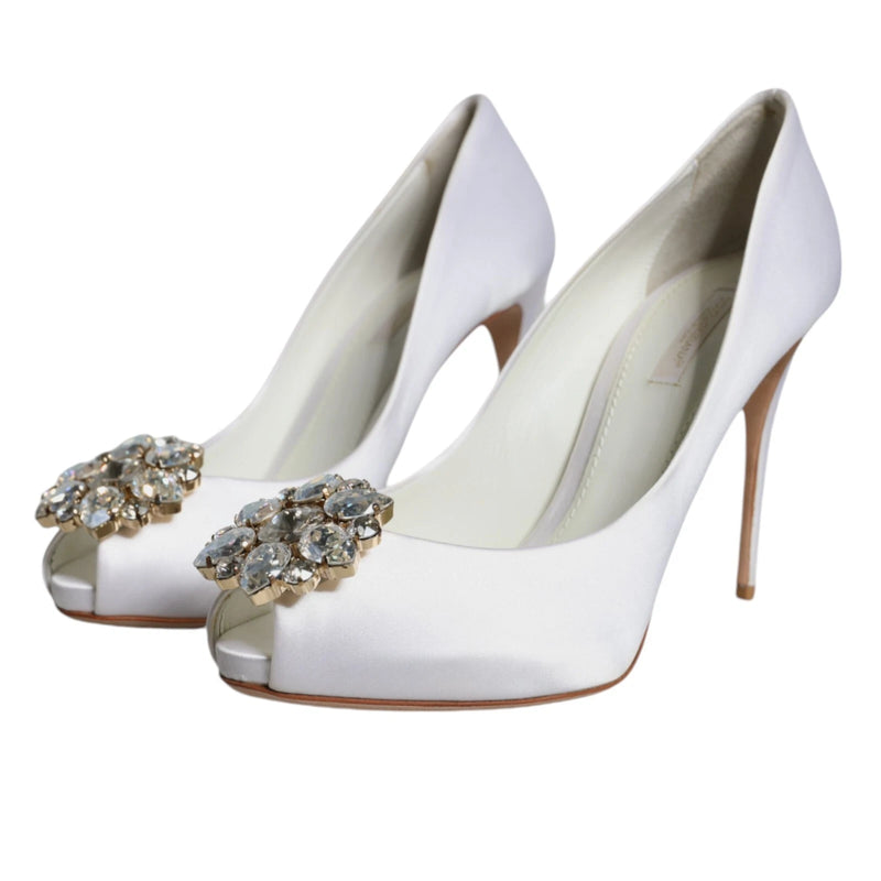 Dolce & Gabbana White Crystals Peep Toe Satin Pumps