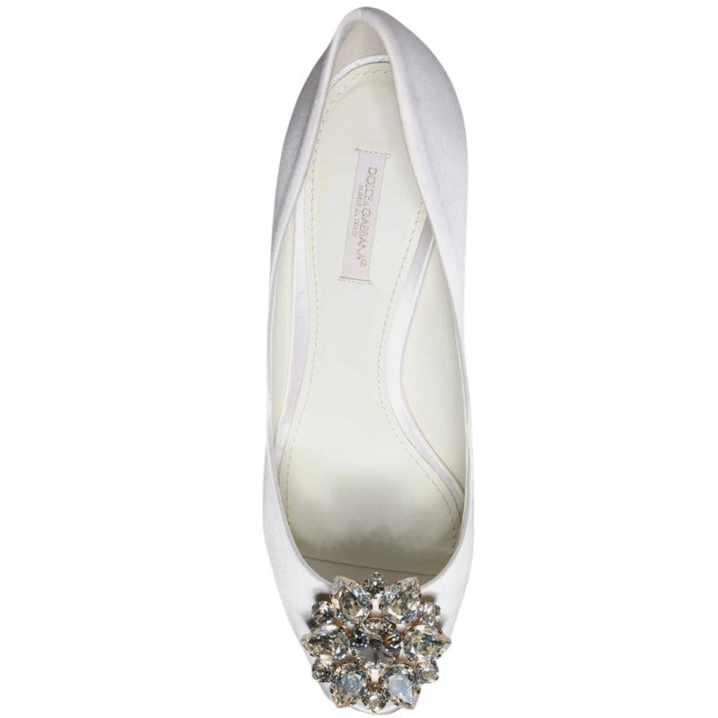 Dolce & Gabbana White Crystals Peep Toe Satin Pumps