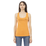 Just Cavalli Orange Viscose Tank Top with Rhinestone Logo