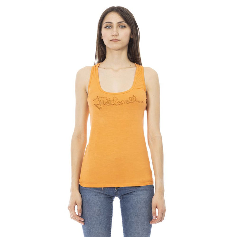 Just Cavalli Orange Viscose Tank Top with Rhinestone Logo