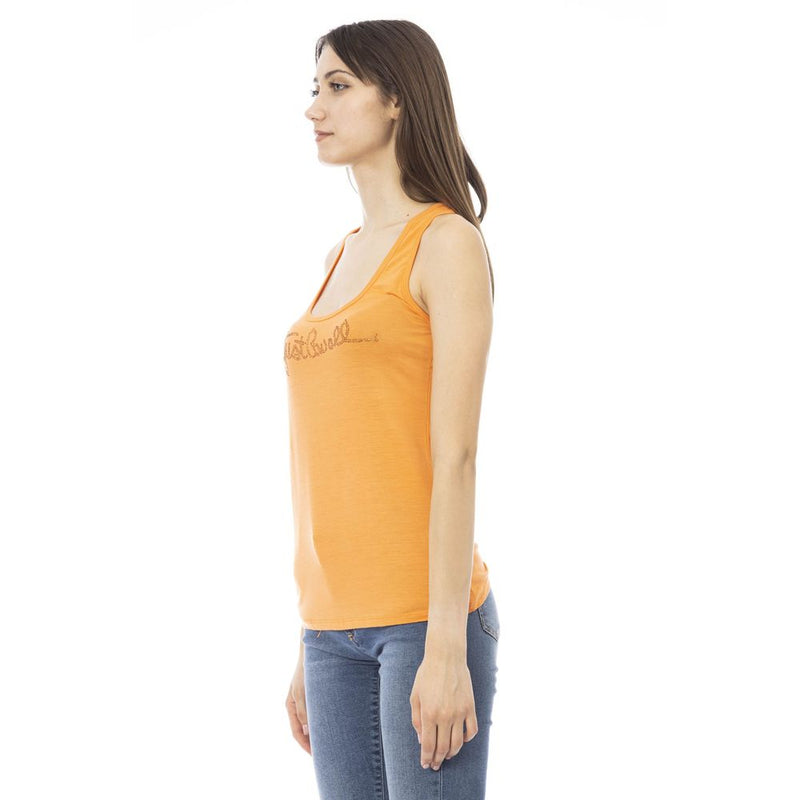 Just Cavalli Orange Viscose Tank Top with Rhinestone Logo