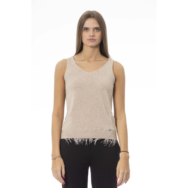 Baldinini Trend Beige Wool Women Top with Feathers