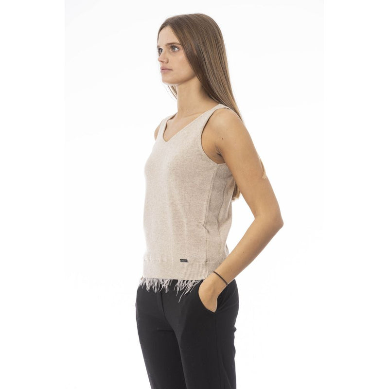 Baldinini Trend Beige Wool Women Top with Feathers