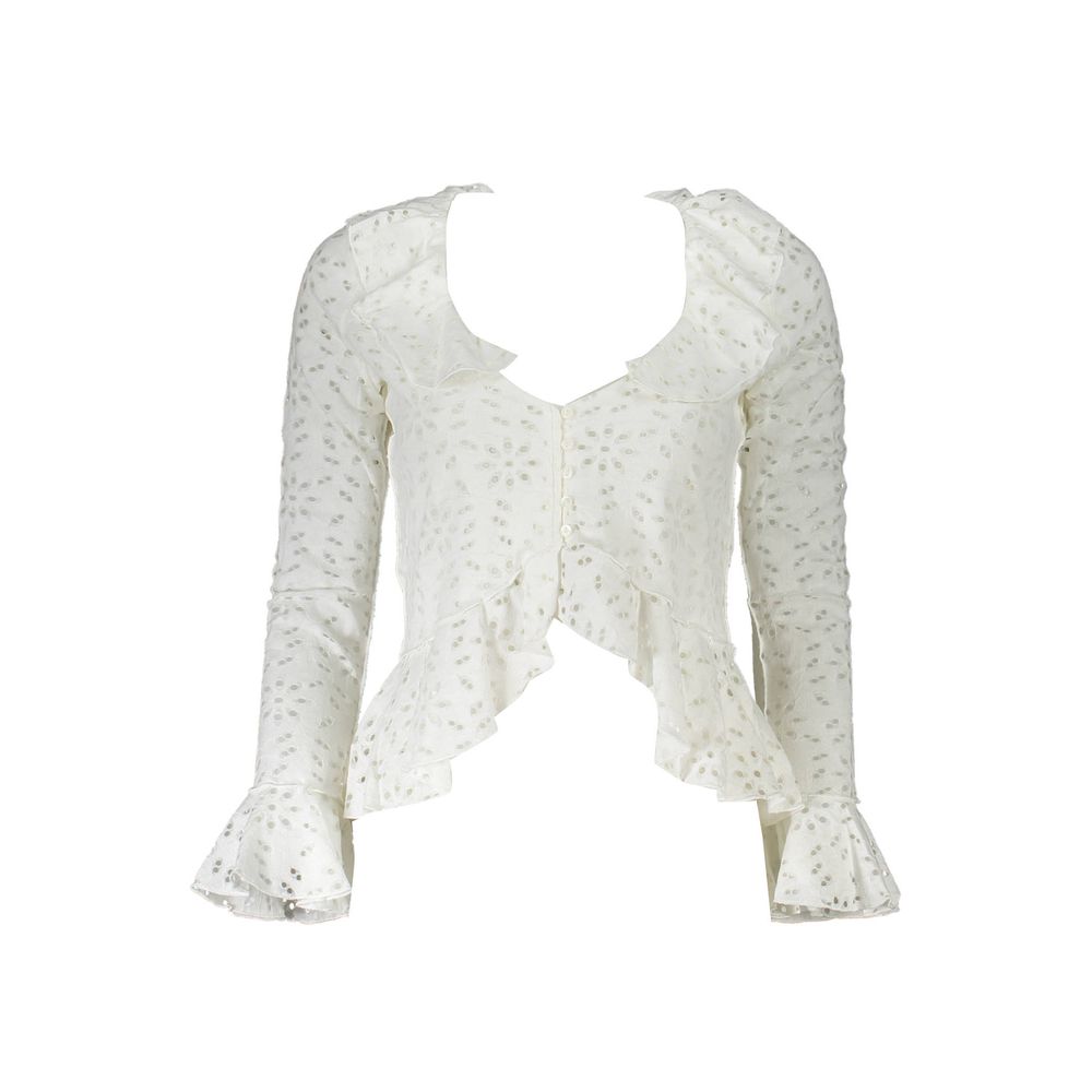 Desigual White Cotton Shirt - Long Sleeve Blouse with V Neckline