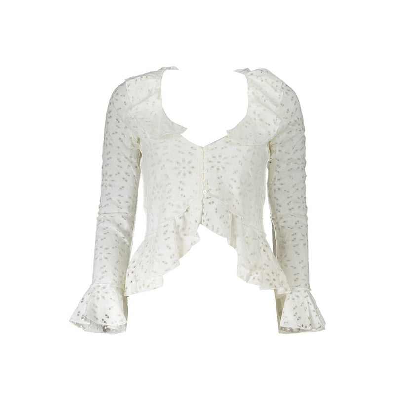 Desigual White Cotton Shirt - Long Sleeve Blouse with V Neckline