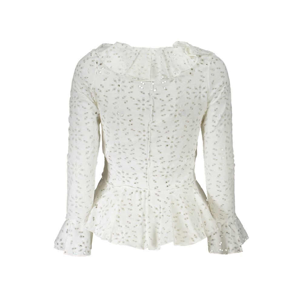 Desigual White Cotton Shirt - Long Sleeve Blouse with V Neckline