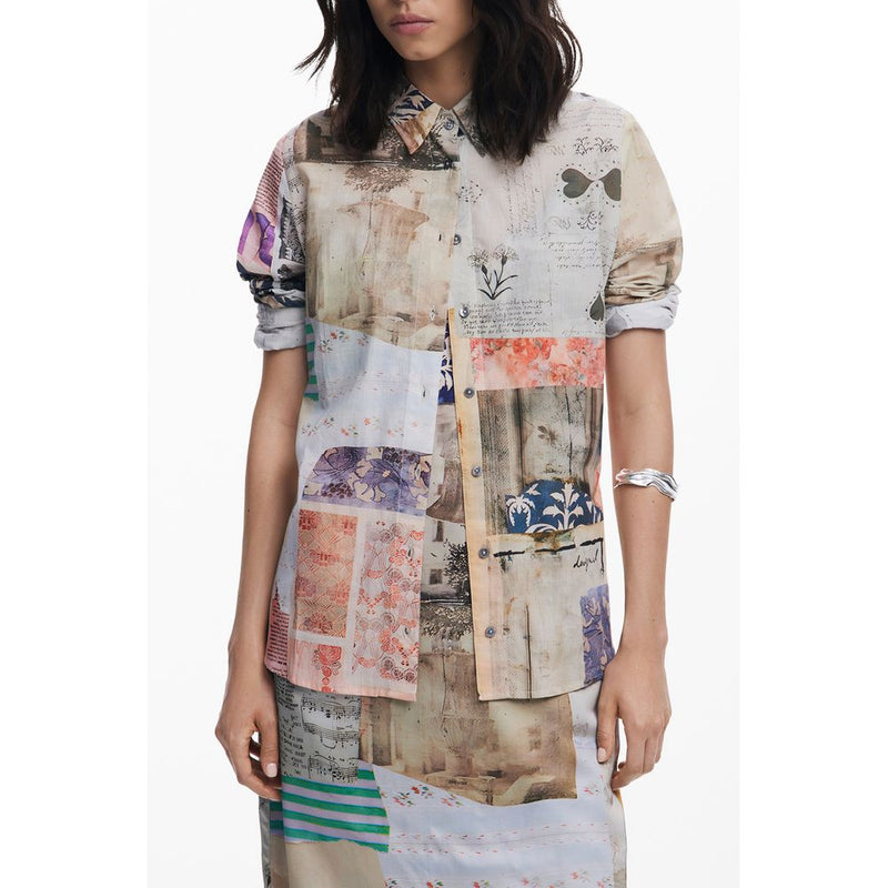 Chemise en Coton Beige Desigual - Manches Longues avec Col Italien