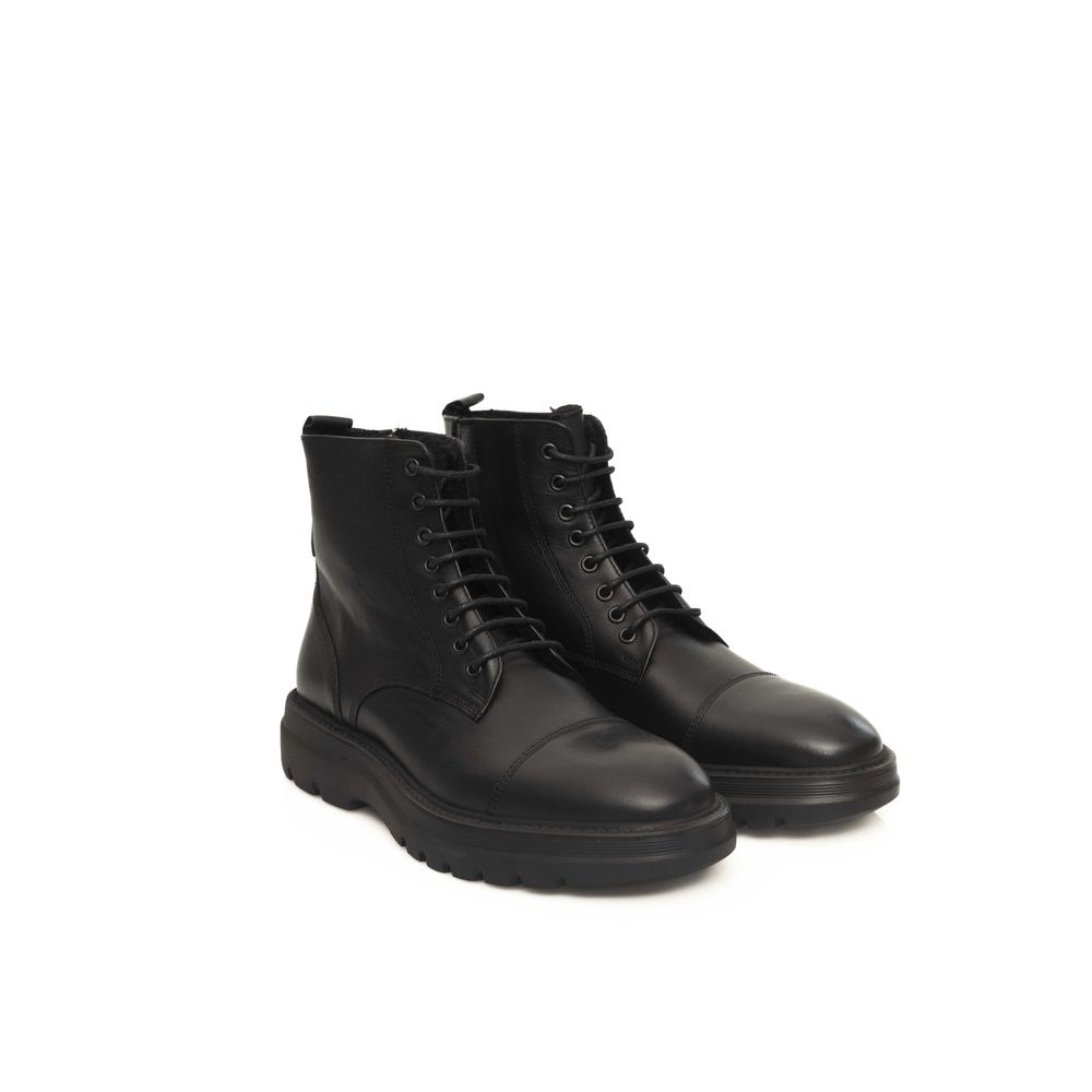 Cerruti 1881 Black Cowhide Boot - Elegant Lace-Up Design