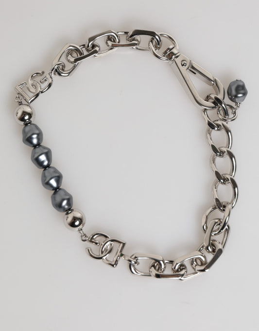 Dolce &amp; Gabbana Zilveren Ketting Karabijnsluiting Logo Grijze Parels Armband