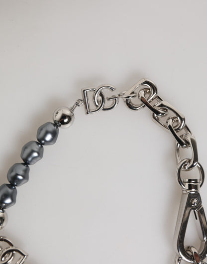 Dolce &amp; Gabbana Zilveren Ketting Karabijnsluiting Logo Grijze Parels Armband