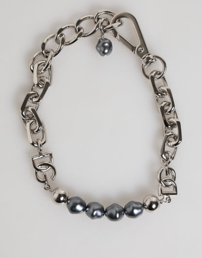 Dolce &amp; Gabbana Zilveren Ketting Karabijnsluiting Logo Grijze Parels Armband