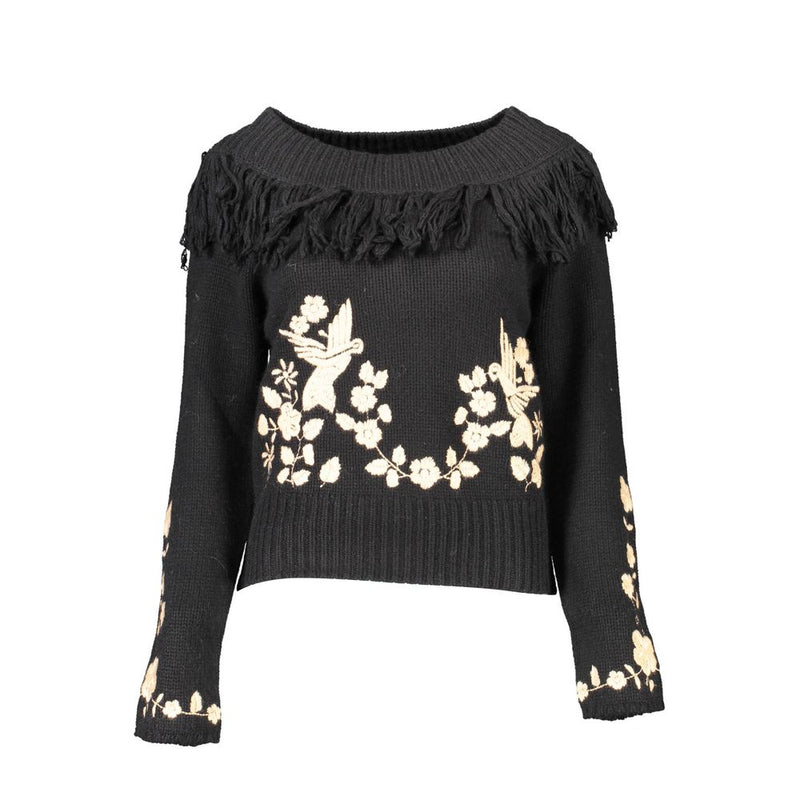 Blugirl Black Wool Sweater with Embroidery and Contrasting Details